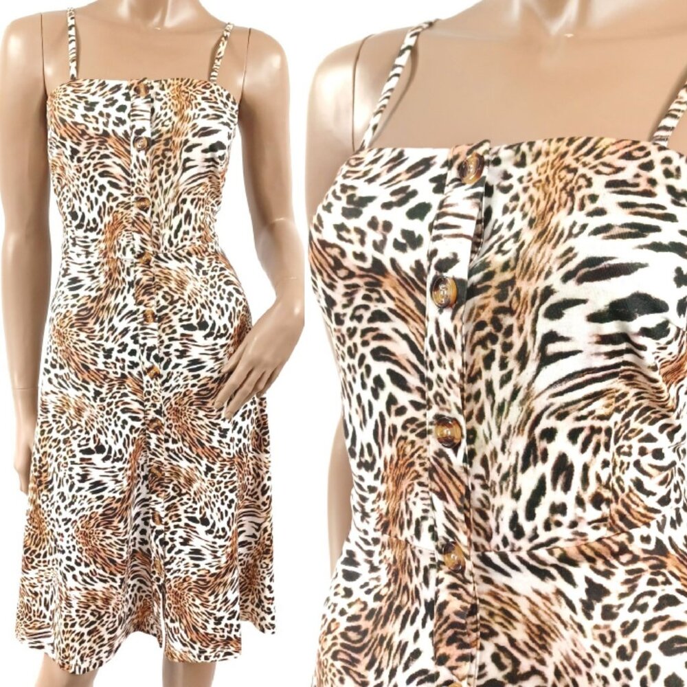 BERYDRESS Spaghetti Strap Button Front Tiger Leopard Print Jersey Dress M